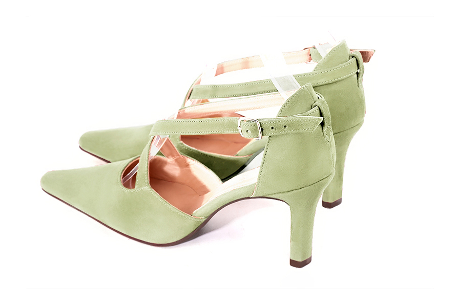 Women's meadow green elegant closed-back heels, with crossed straps. Tapered toe. High slim heel - Rear view